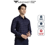 Áo Sơ Mi Nam Dài Tay Aristino ALS07602 Màu Xanh Tím Than Kẻ Jacquard Dáng Regular Fit Vải Sợi Sồi