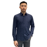 Áo Sơ Mi Nam Tay Dài Owen AS230677D màu navy in họa tiết xanh dáng slim fit tà lượn không túi vải sợi tre