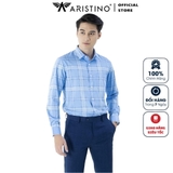 Áo Sơ Mi Nam Dài Tay Aristino ALS30601 Màu Xanh In Kẻ Trắng Chất Liệu Sợi Sồi Dáng Regular Fit Có Túi