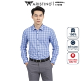 Áo Sơ Mi Nam Dài Tay Aristino ALS34501 Màu Trắng kẻ xanh dáng Slim Fit Không Túi Chất Liệu Sợi Tre