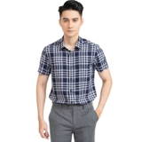 Áo Sơ Mi Nam Tay Ngắn Aristino ASS177S1 Màu Xanh Tím Than Kẻ Trắng Kiểu Dáng Slim Fit Vải Sợi Sồi