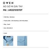 Áo Sơ Mi Nam Tay Dài Owen AR221057DT Màu xanh Dáng Regular Fit Tà Lượn Có Túi Vải Sợi Tre