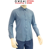 Áo Sơ Mi Nam Tay Dài Owen AR230749DT màu kẻ caro xanh nhạt dáng regular fit tà lượn có túi chất liệu sợi tre