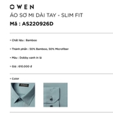 Áo Sơ Mi Nam Tay Dài Owen AS220926D Màu dobby xanh in lá Dáng Slim Fit Tà Lượn Không Túi Vải Sợi Tre ( Bamboo)