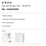 Áo Sơ Mi Trắng Nam Dài Tay Owen AS230193D màu trắng dệt sọc mờ jacquard dáng slim fit tà lượn không túi vải sợi tre