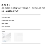 Áo Sơ Mi Trắng Nam Tay Ngắn Owen AR230317NT (AR240110NT) màu trắng trơn dáng regular fit tà lượn có túi vải nano