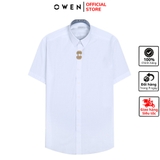 Áo Sơ Mi Trắng Nam Tay Ngắn Owen AS230047N màu dobby trắng dáng slim fit tà lượn không túi Vải bamboo