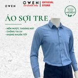 Áo Sơ Mi Nam Tay Dài Owen AS230662D màu xanh caro trắng dáng slim fit tà lượn không túi chất liệu bamboo poly