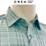 Áo Sơ Mi Nam Tay ngắn Owen AR230059N màu xanh lá kẻ caro Dáng suông tà lượn không túi chất liệu sợi tre
