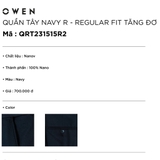 Quần Tây Nam Owen QRT231515R2 (QRT242467R) màu xanh navy Dáng Regular Fit Cạp Tăng Đơ vải nano