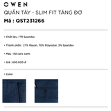 Quần Tây Nam Owen QST231266 màu kẻ caro xanh dáng slim fit cạp tăng đơ vải polyester