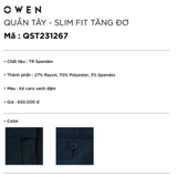 Quần Tây Nam Owen QST231267 xanh đậm kẻ caro  dáng slim fit cạp tăng đơ vải polyester