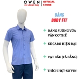 Áo Sơ Mi Nam Tay Ngắn Owen AB230673NT màu kẻ caro xanh dáng suông tà bằng có túi chất liệu sợi tre