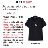 Áo Sơ Mi Nam Tay Ngắn Owen AB230021NT màu đen trơn dáng body fit tà bằng có túi vải nano