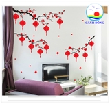 Decal dán kính cành đào lồng đèn tết đến xuân về