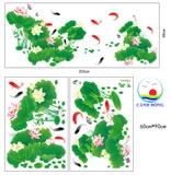 Decal dán tường phong cảnh nghệ thuật hồ sen cành đào chim yến hỷ
