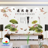 Decal dán tường phong cảnh nghệ thuật hồ sen cành đào chim yến hỷ