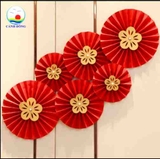 6 quạt giấy đỏ tròn hình hoa mai, lân, hạt ngọc trang trí tết , đám cưới