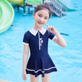 Bộ bơi bé gái cộc tay liền chân váy, xanh than, cổ trắng 31632