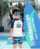 Bộ bơi bé trai cộc tay trắng cá mập, tay xanh, quần rời  Momasong