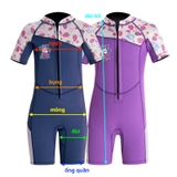 Bộ bơi giữ nhiệt bé gái cộc liền, tím dâu, vải dày 2.5mm, Dive&Sail