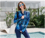 Áo bơi nữ dài tay, xanh kéo khoá, chống nắng UPF 50++, kháng Clo Sbart 9023