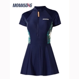 Bộ bơi nữ cộc tay liền chân váy, màu xanh than, Momasong -906073