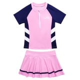 Bộ bơi bé gái cộc tay, hồng tay than, chân váy rời Sunshiny 32003