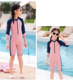 Bộ bơi bé gái dài liền, quần ngắn, màu hồng tay than YUKE 2189-1