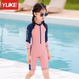 Bộ bơi bé gái dài liền, quần ngắn, màu hồng tay than YUKE 2189-1