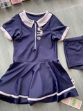Bộ bơi bé gái cộc tay liền chân váy, xanh than, cổ trắng 31632