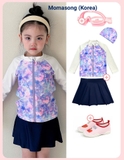 Bộ bơi bé gái màu tím, dài tay kéo khoá, chân váy, vải UPF 50++, Momasong(Korea)