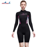 Bộ bơi giữ nhiệt nữ, dáng dài tay quần ngắn, màu đen hồng, vải 1.5mm Dive & Sail