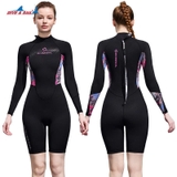 Bộ bơi giữ nhiệt nữ, dáng dài tay quần ngắn, màu đen hồng, vải 1.5mm Dive & Sail