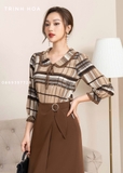 Áo sơ mi nữ hoạ tiết tay lỡ, cổ sen 2 màu