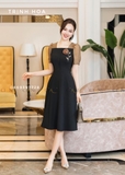 Mẫu đầm công sở dáng xoè phối nâu sang chảnh