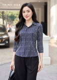 Áo sơ mi lụa tay lỡ dài cổ đức hoạ tiết kẻ 2 màu