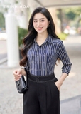 Áo sơ mi lụa tay lỡ dài cổ đức hoạ tiết kẻ 2 màu