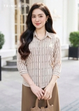 Áo sơ mi lụa tay lỡ dài cổ đức hoạ tiết kẻ 2 màu