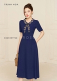Đầm liền công sở dáng xòe 2 màu xanh và đô