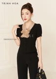 Mẫu áo ký giả nơ cổ 2 màu tím và đen