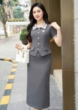 Set bộ nữ công sở cao cấp gồm áo mặc buông kết hợp chân váy màu ghi xám sang trọng