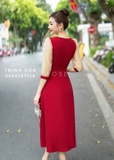 Đầm liền tay lỡ dáng xoè màu đỏ đính hoa cao cấp