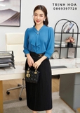 Áo sơ mi nữ tay lỡ chất lụa 2 màu xanh và trắng