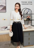 Áo sơ mi nữ tay lỡ chất lụa 2 màu xanh và trắng
