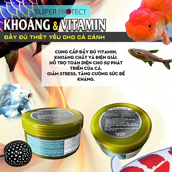 KHOÁNG VÀ VITAMIN TỔNG HỢP 100gram SUPER PROTECT, bổ sung đầy đủ tạo hệ đệm cho môi trường nuôi cá cảnh.
