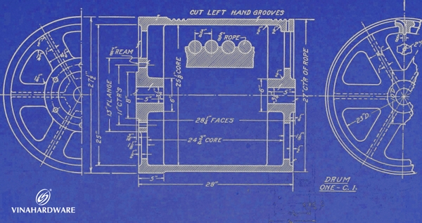 Detailed technical drawings of the machine