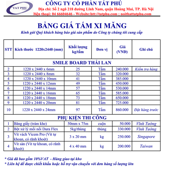 bảng giá tấm xi măng smileboard thái lan