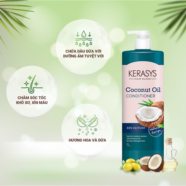 Dầu xả Kerasys Coconut Oil Conditioner 1L Phục hồi tóc hư tổn, giúp