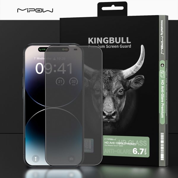 Miếng dán cường lực MIPOW KINGBULL CHỐNG VÂN TAY HD ANTI GLARE PROTECTOR cho iPhone 15 | 15 Plus | 15 Pro | 15 Pro Max  (FULL VIỀN ĐEN)